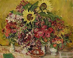 Adolf Hildenbrand, Grosses Blumenstillleben mit Sonnenblumen, OelMalkarton, 95 x 120 OIl 